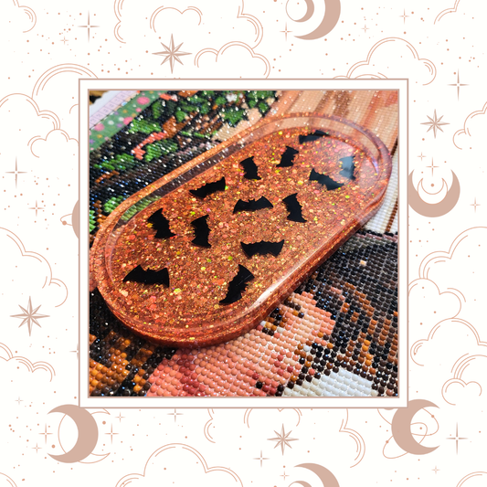 "Batty - Orange" Glitter Trinket Tray, Tray for Jewelry, Tray for Crafting, Diamond Painting Tray, Pencil Tray, Beading Tray - Special Release Tray